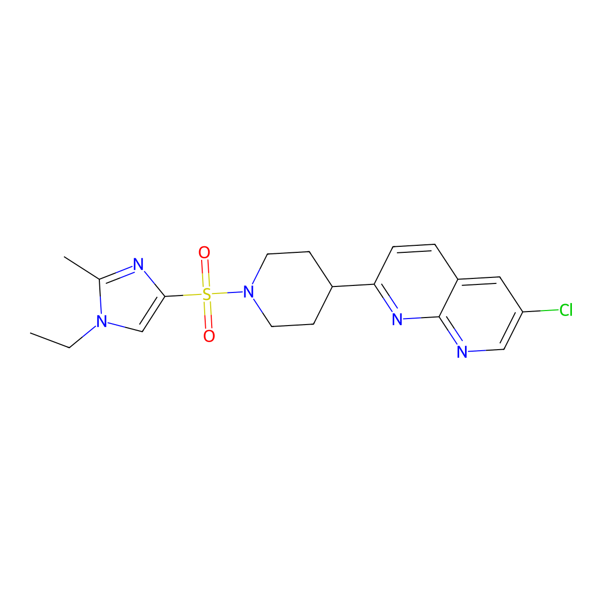 6-chloro-2-{1-[(1-ethyl-2-methyl-1H-imidazol-4-yl)sulfonyl]piperidin-4-yl}-1,8-naphthyridine molecular structure, CAS 2741914-50-9