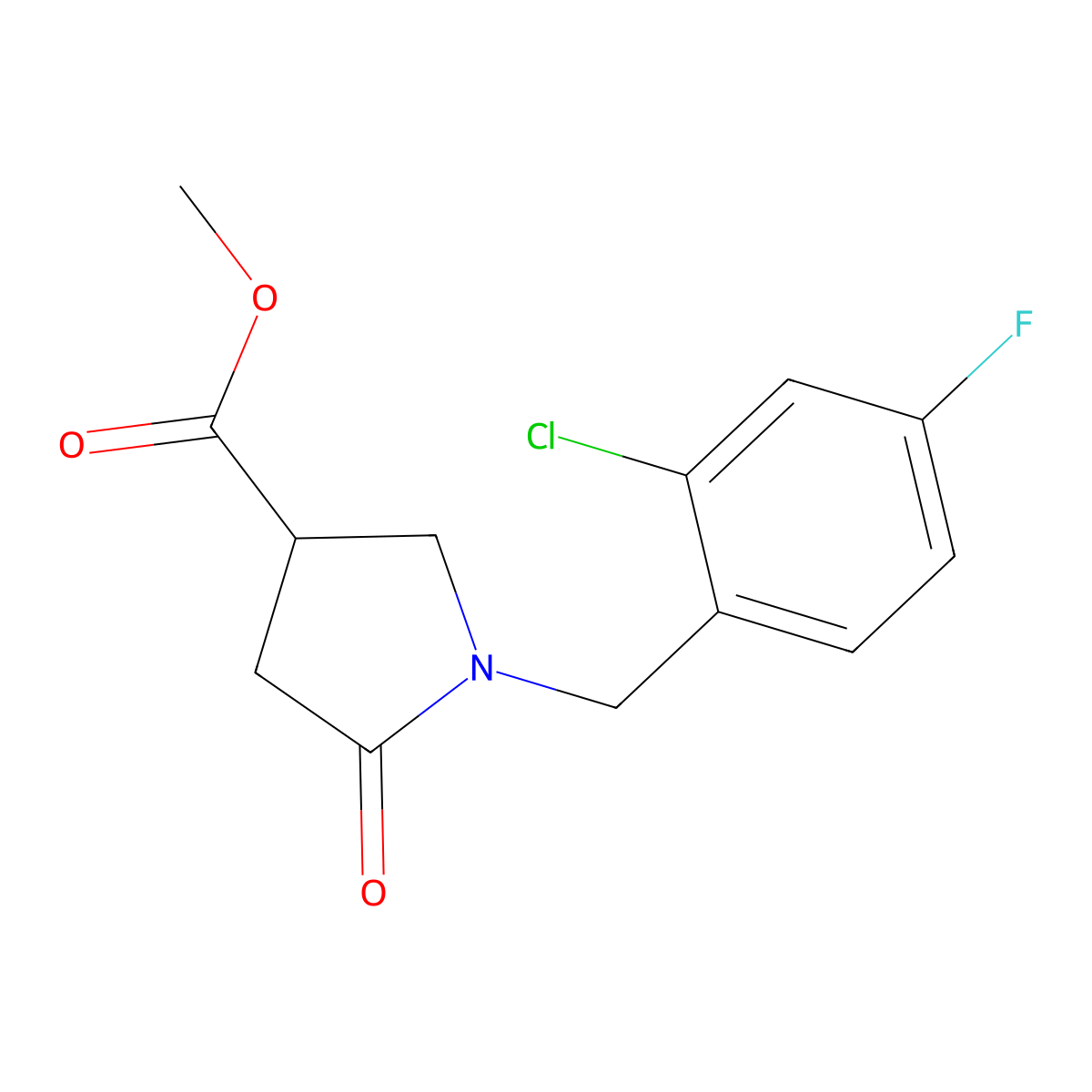 Methyl 1-[(2-chloro-4-fluorophenyl)methyl]-5-oxopyrrolidine-3-carboxylate molecular structure, CAS 2741914-51-0
