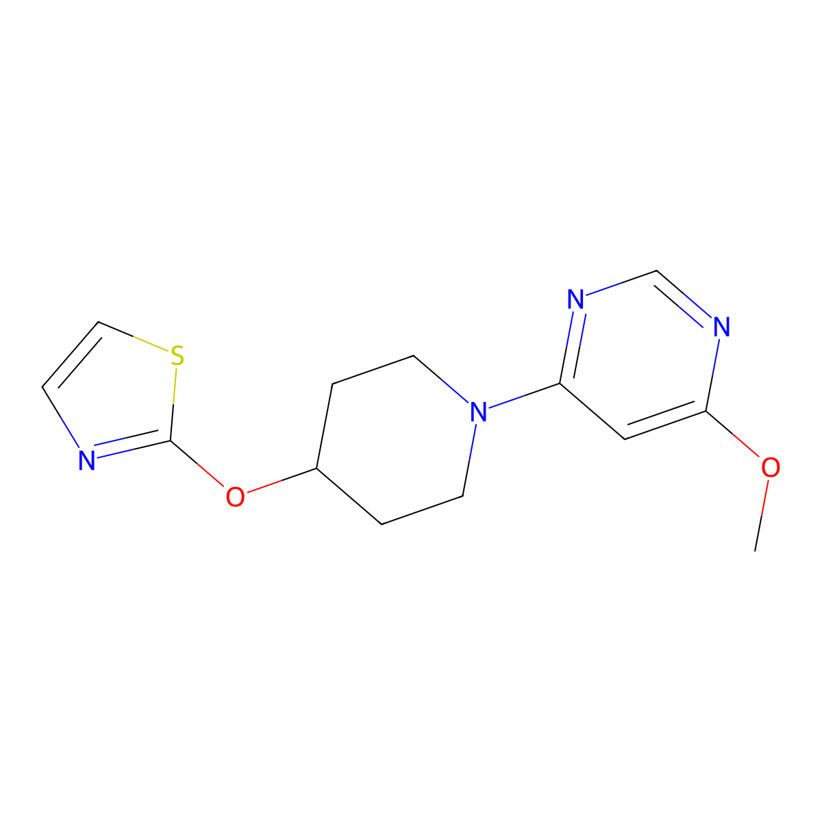 4-Methoxy-6-[4-(1,3-thiazol-2-yloxy)piperidin-1-yl]pyrimidine molecular structure, CAS 2741914-63-4