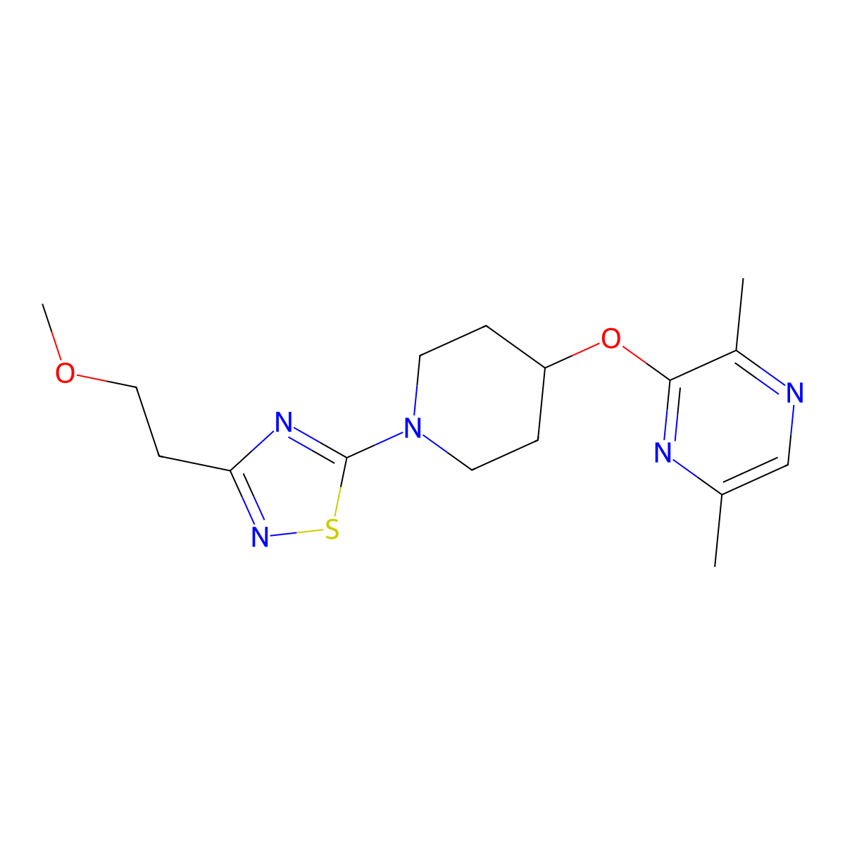 3-({1-[3-(2-Methoxyethyl)-1,2,4-thiadiazol-5-yl]piperidin-4-yl}oxy)-2,5-dimethylpyrazine molecular structure, CAS 2741918-49-8