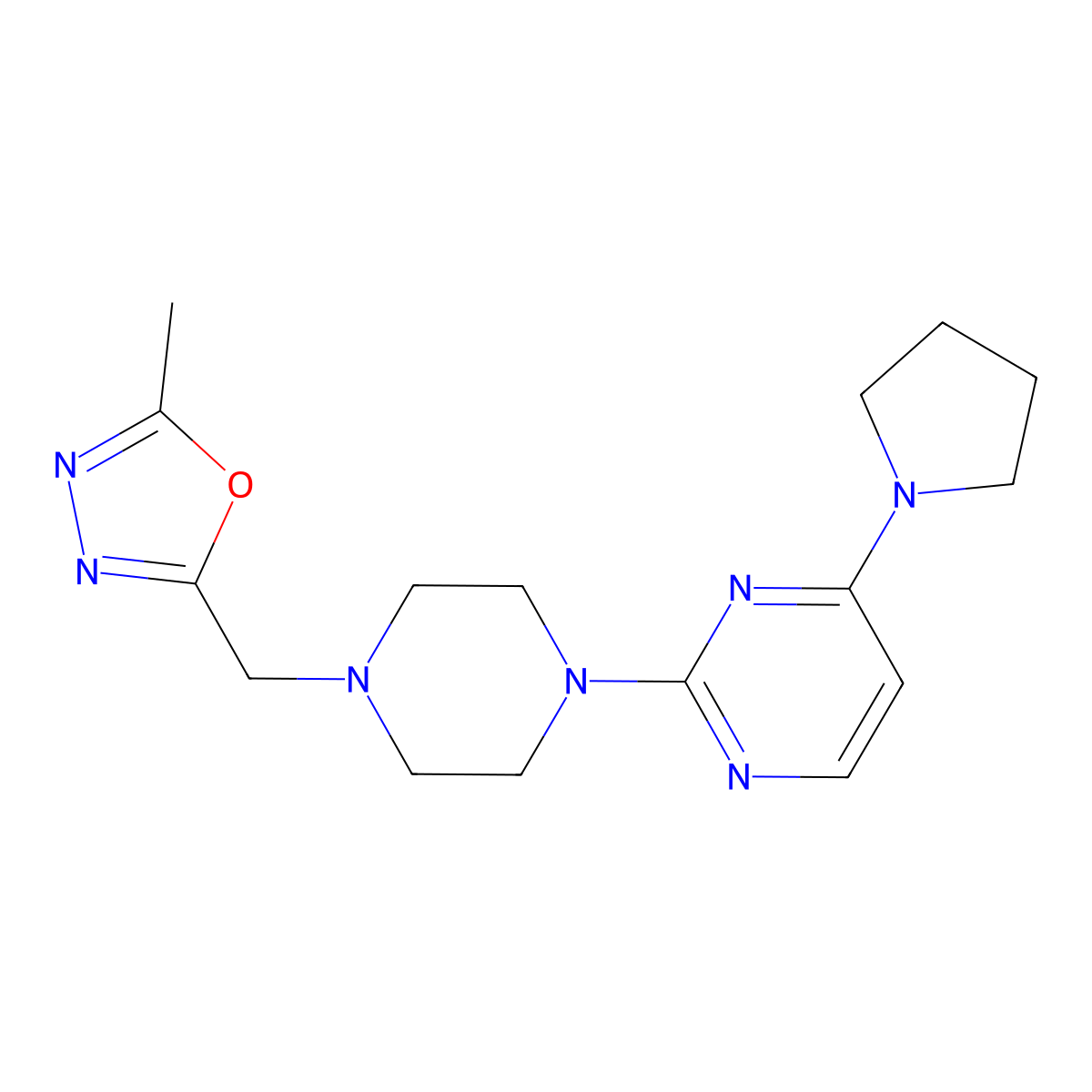 2-{4-[(5-Methyl-1,3,4-oxadiazol-2-yl)methyl]piperazin-1-yl}-4-(pyrrolidin-1-yl)pyrimidine molecular structure, CAS 2741918-51-2