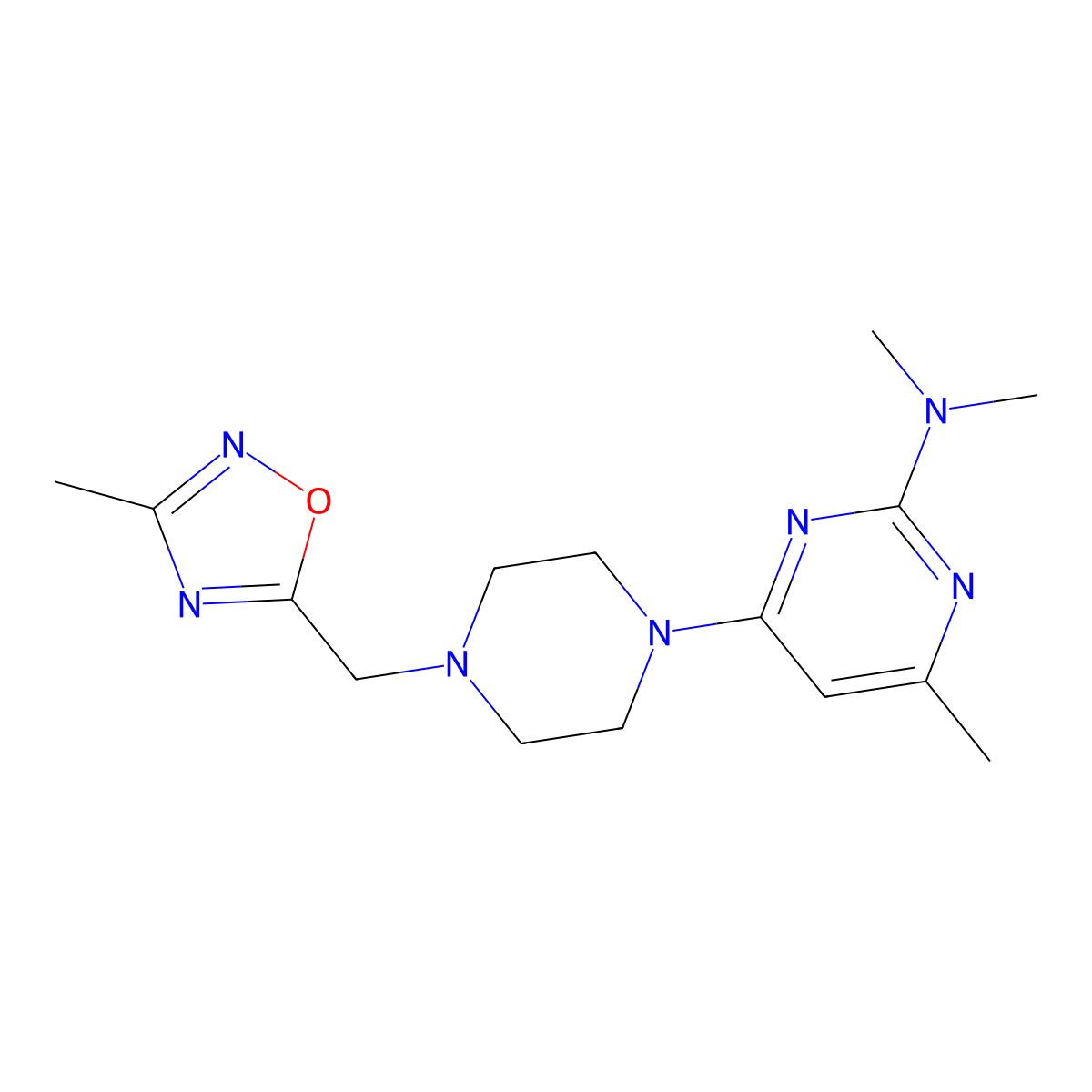 N,N,4-trimethyl-6-{4-[(3-methyl-1,2,4-oxadiazol-5-yl)methyl]piperazin-1-yl}pyrimidin-2-amine molecular structure, CAS 2741918-54-5