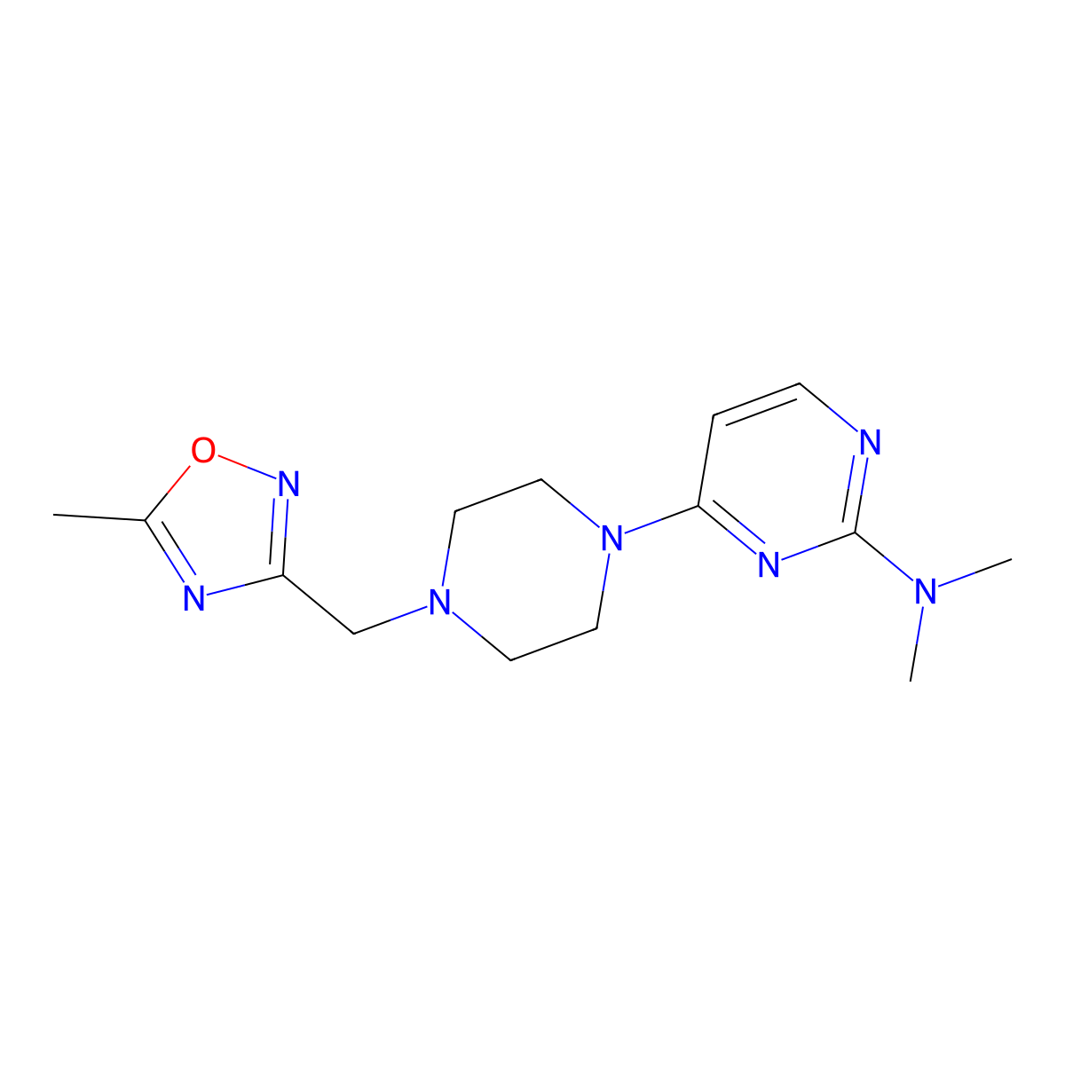 N,N-dimethyl-4-{4-[(5-methyl-1,2,4-oxadiazol-3-yl)methyl]piperazin-1-yl}pyrimidin-2-amine molecular structure, CAS 2741918-63-6