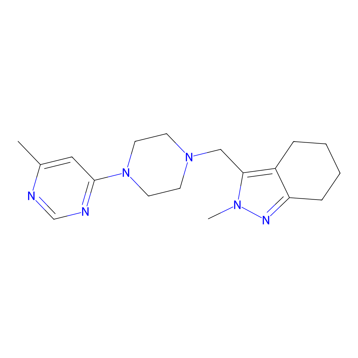 2-methyl-3-{[4-(6-methylpyrimidin-4-yl)piperazin-1-yl]methyl}-4,5,6,7-tetrahydro-2H-indazole molecular structure, CAS 2741918-65-8