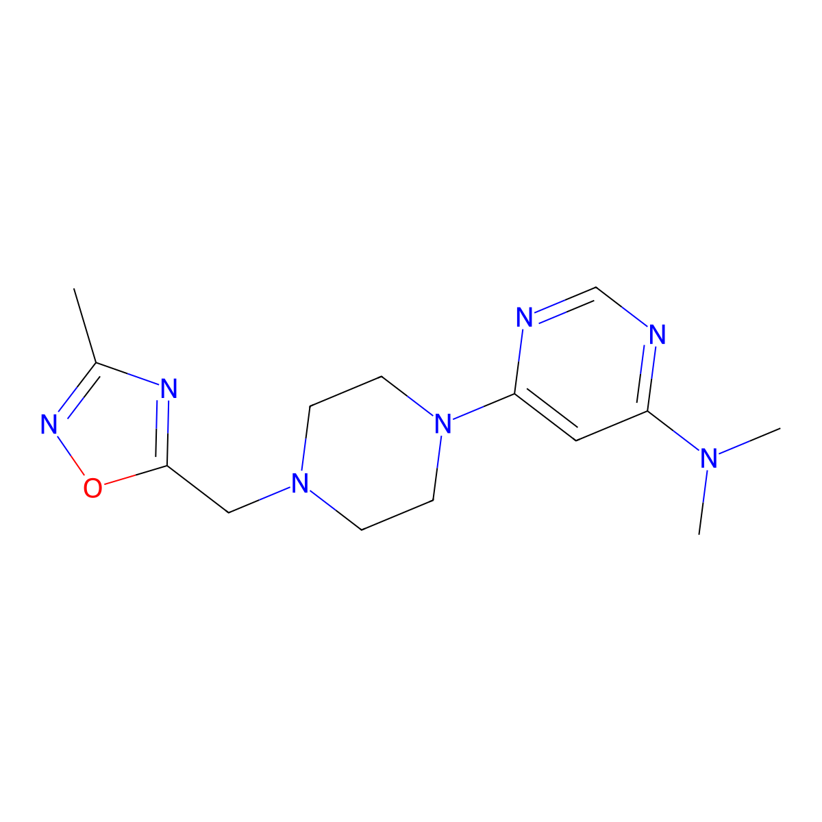 N,N-dimethyl-6-{4-[(3-methyl-1,2,4-oxadiazol-5-yl)methyl]piperazin-1-yl}pyrimidin-4-amine molecular structure, CAS 2741918-66-9