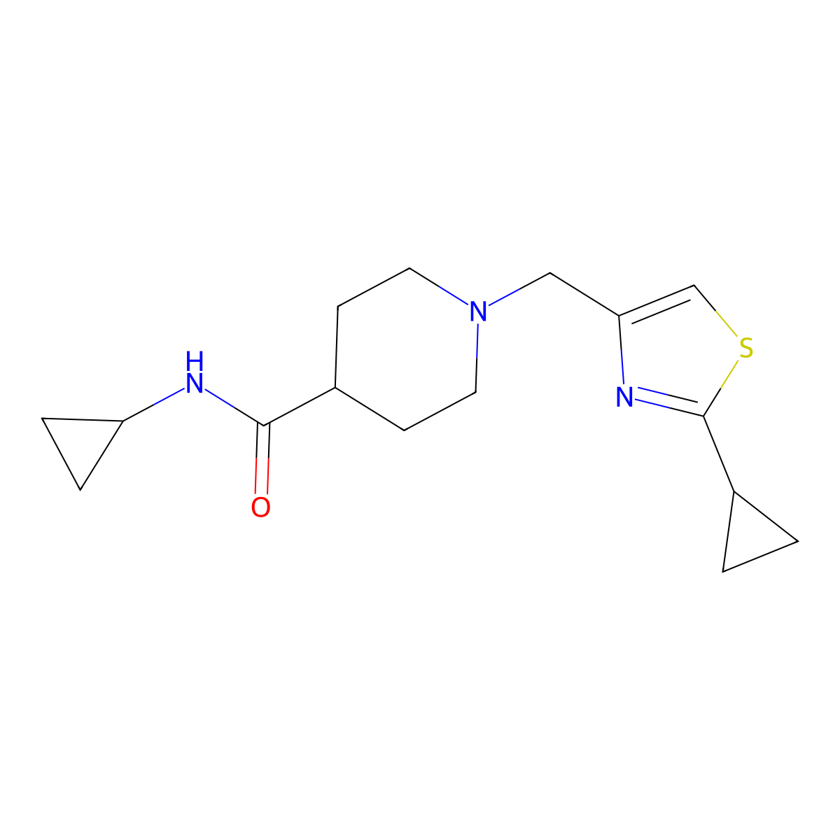 N-cyclopropyl-1-[(2-cyclopropyl-1,3-thiazol-4-yl)methyl]piperidine-4-carboxamide molecular structure, CAS 2741918-67-0