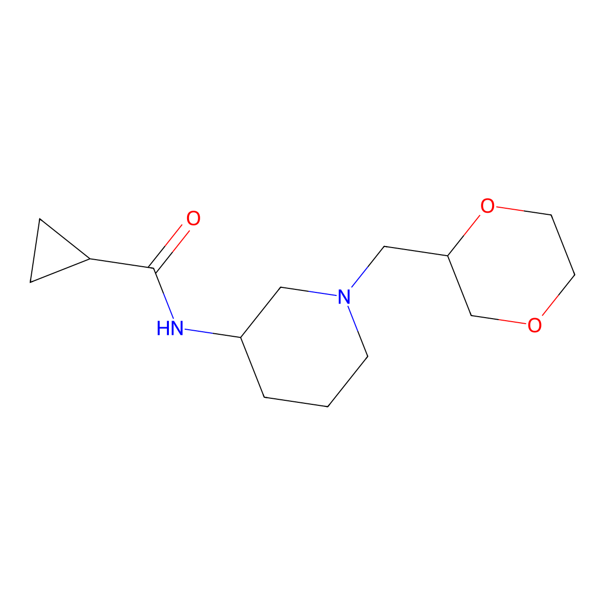 N-{1-[(1,4-dioxan-2-yl)methyl]piperidin-3-yl}cyclopropanecarboxamide molecular structure, CAS 2741918-72-7