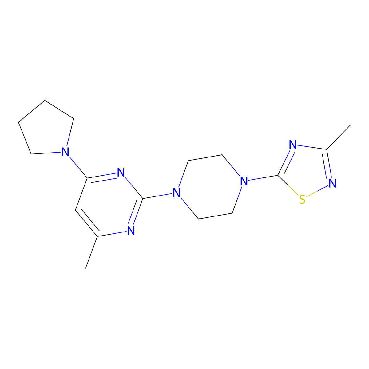 4-Methyl-2-[4-(3-methyl-1,2,4-thiadiazol-5-yl)piperazin-1-yl]-6-(pyrrolidin-1-yl)pyrimidine molecular structure, CAS 2741918-78-3