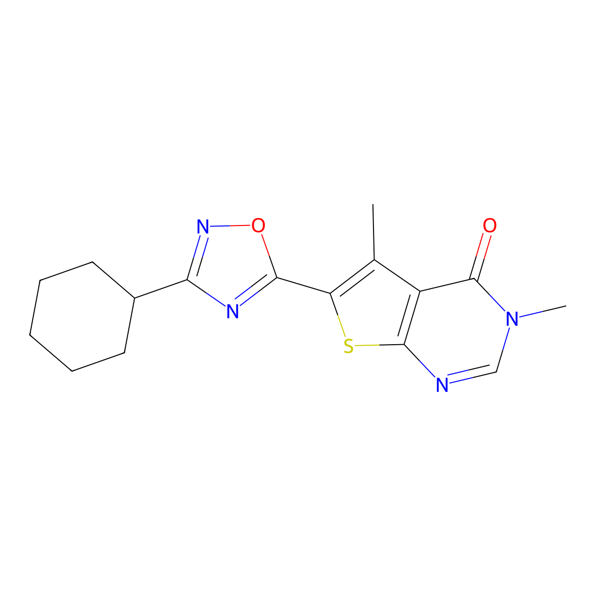6-(3-cyclohexyl-1,2,4-oxadiazol-5-yl)-3,5-dimethyl-3H,4H-thieno[2,3-d]pyrimidin-4-one molecular structure, CAS 2741918-89-6