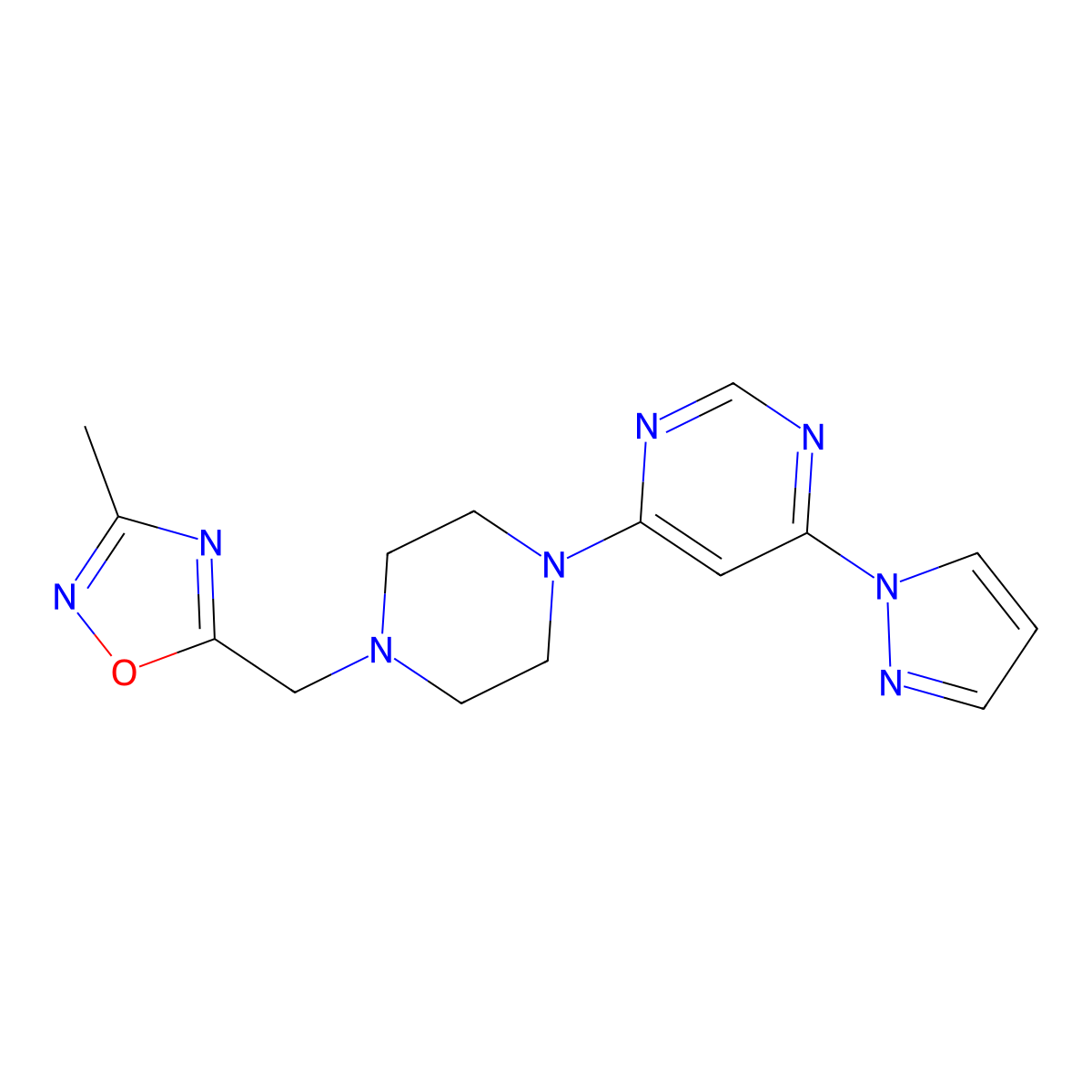 4-{4-[(3-methyl-1,2,4-oxadiazol-5-yl)methyl]piperazin-1-yl}-6-(1H-pyrazol-1-yl)pyrimidine molecular structure, CAS 2741918-93-2