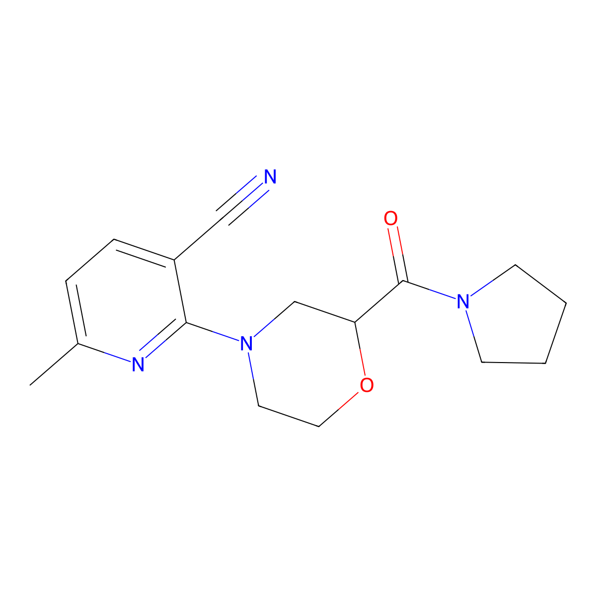 6-Methyl-2-[2-(pyrrolidine-1-carbonyl)morpholin-4-yl]pyridine-3-carbonitrile molecular structure, CAS 2741918-95-4
