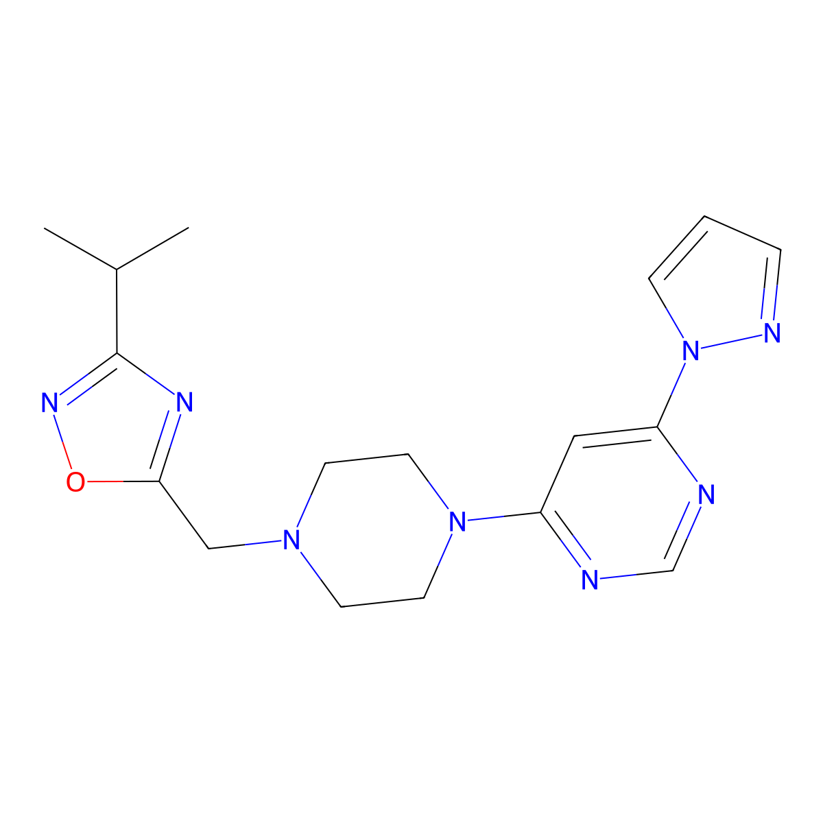 4-(4-{[3-(propan-2-yl)-1,2,4-oxadiazol-5-yl]methyl}piperazin-1-yl)-6-(1H-pyrazol-1-yl)pyrimidine molecular structure, CAS 2741918-97-6