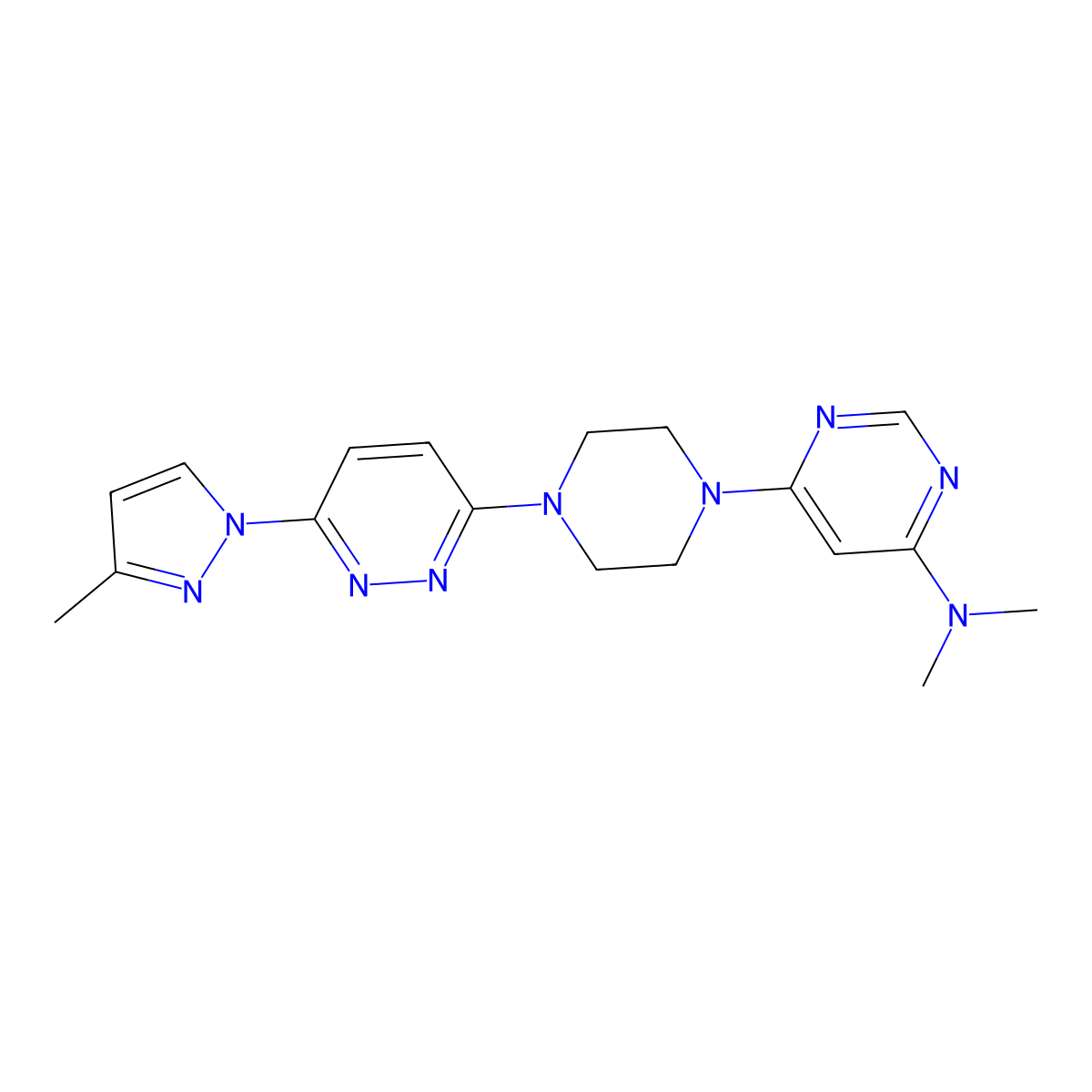 N,N-dimethyl-6-{4-[6-(3-methyl-1H-pyrazol-1-yl)pyridazin-3-yl]piperazin-1-yl}pyrimidin-4-amine molecular structure, CAS 2741918-98-7
