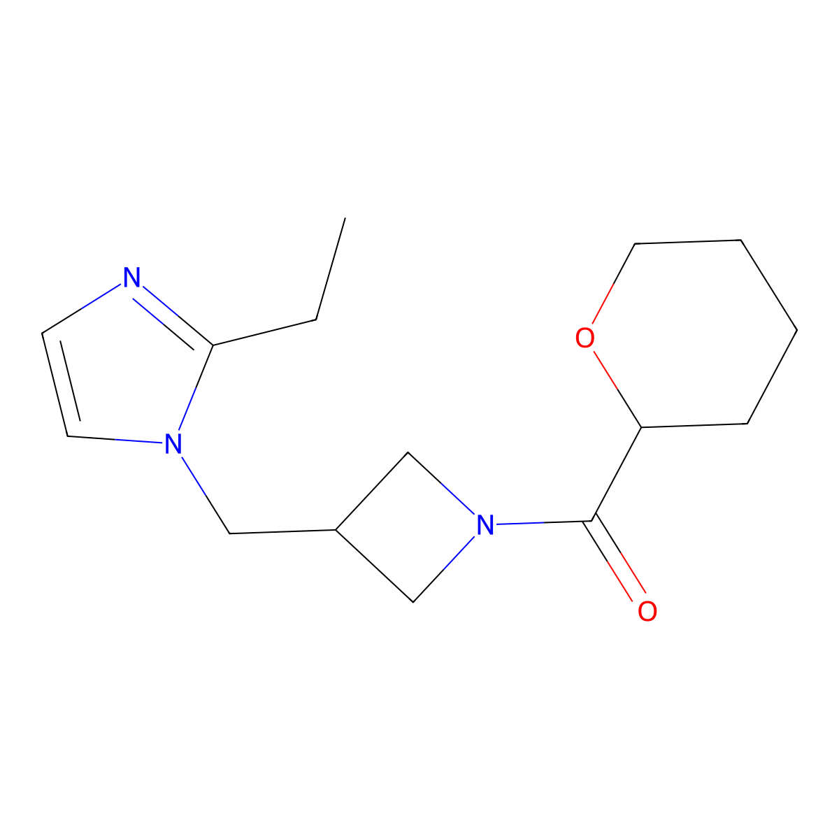 2-ethyl-1-{[1-(oxane-2-carbonyl)azetidin-3-yl]methyl}-1H-imidazole molecular structure, CAS 2741919-08-2