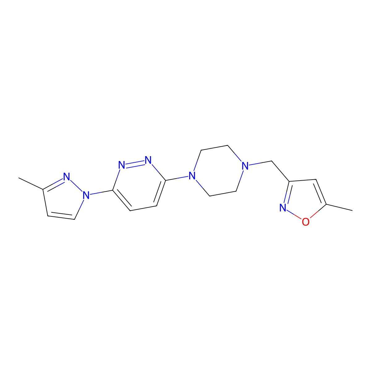 3-{4-[(5-methyl-1,2-oxazol-3-yl)methyl]piperazin-1-yl}-6-(3-methyl-1H-pyrazol-1-yl)pyridazine molecular structure, CAS 2741919-11-7