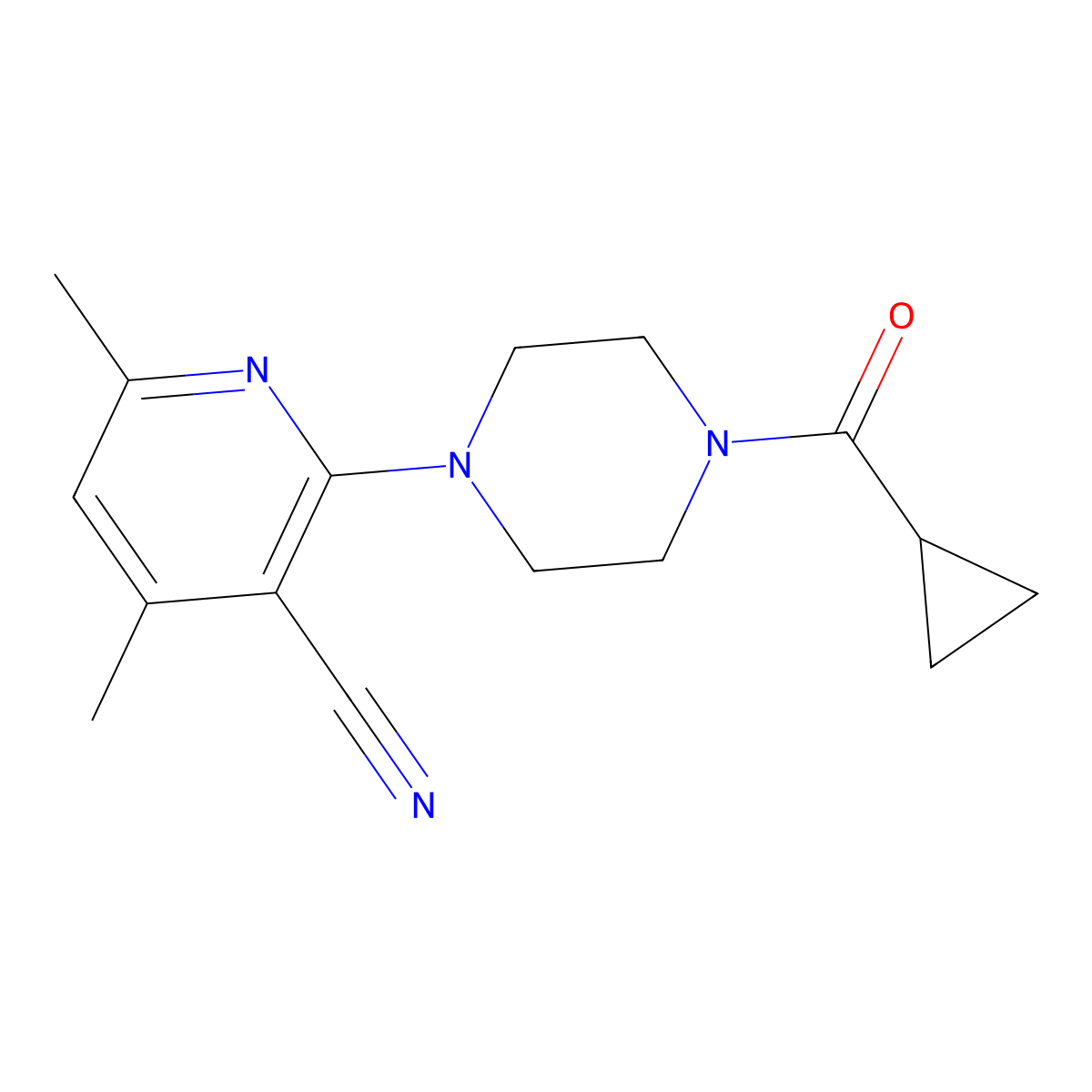 2-(4-Cyclopropanecarbonylpiperazin-1-yl)-4,6-dimethylpyridine-3-carbonitrile molecular structure, CAS 2741919-12-8