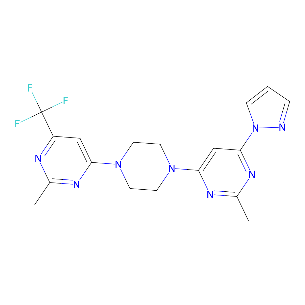 2-methyl-4-{4-[2-methyl-6-(trifluoromethyl)pyrimidin-4-yl]piperazin-1-yl}-6-(1H-pyrazol-1-yl)pyrimidine molecular structure, CAS 2741919-18-4