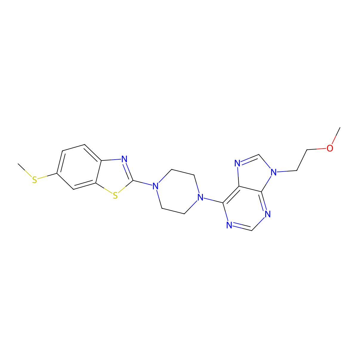 9-(2-methoxyethyl)-6-{4-[6-(methylsulfanyl)-1,3-benzothiazol-2-yl]piperazin-1-yl}-9H-purine molecular structure, CAS 2741919-19-5