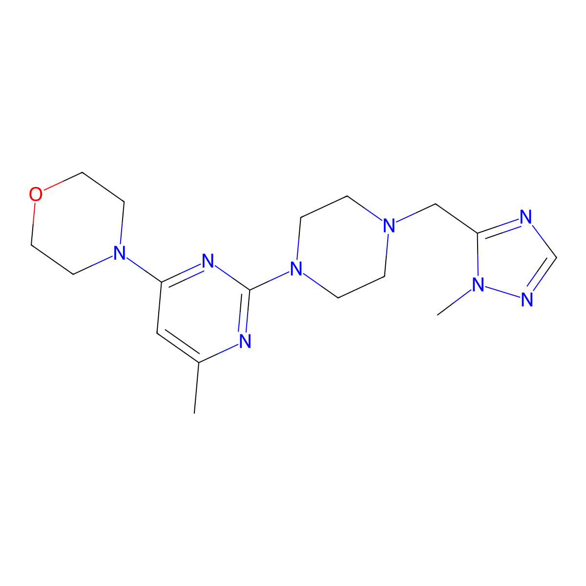 4-(6-methyl-2-{4-[(1-methyl-1H-1,2,4-triazol-5-yl)methyl]piperazin-1-yl}pyrimidin-4-yl)morpholine molecular structure, CAS 2741919-21-9