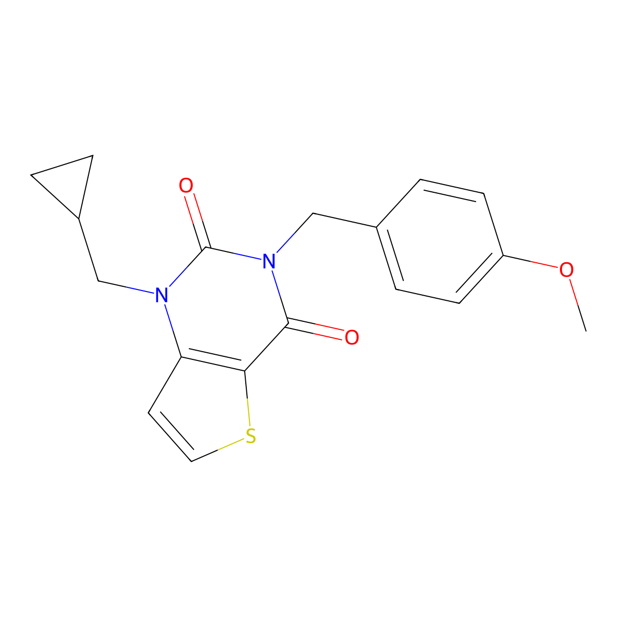 1-(cyclopropylmethyl)-3-[(4-methoxyphenyl)methyl]-1H,2H,3H,4H-thieno[3,2-d]pyrimidine-2,4-dione molecular structure, CAS 2741919-26-4