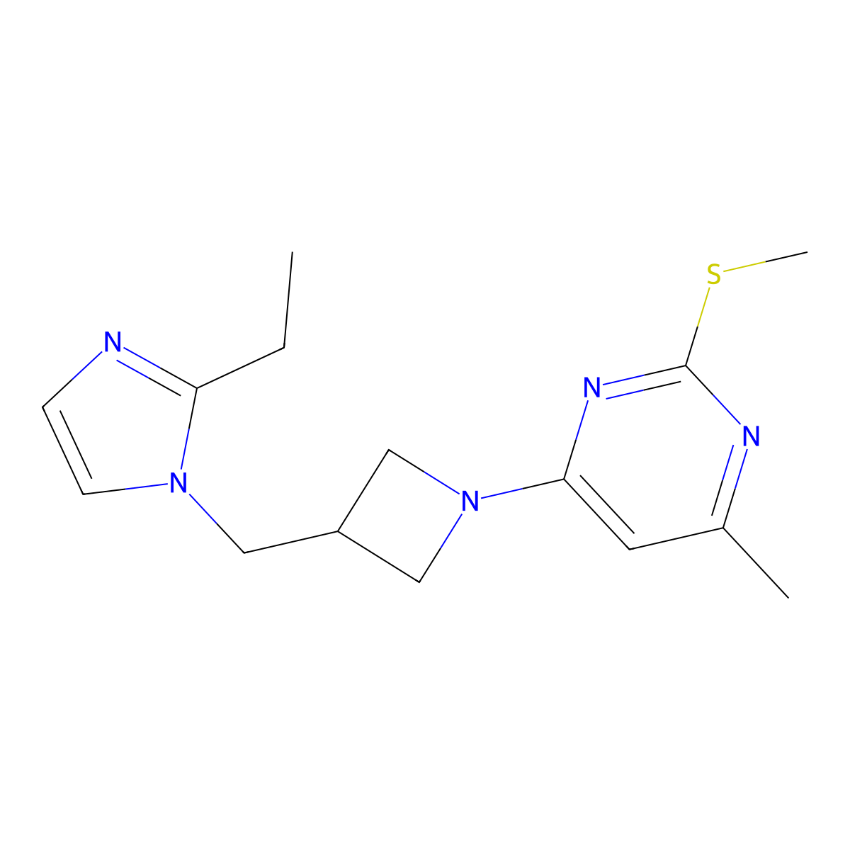 4-{3-[(2-ethyl-1H-imidazol-1-yl)methyl]azetidin-1-yl}-6-methyl-2-(methylsulfanyl)pyrimidine molecular structure, CAS 2741919-29-7