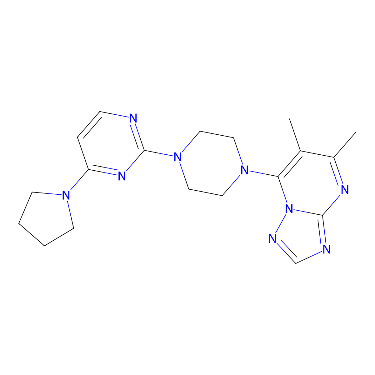 2-(4-{5,6-Dimethyl-[1,2,4]triazolo[1,5-a]pyrimidin-7-yl}piperazin-1-yl)-4-(pyrrolidin-1-yl)pyrimidine molecular structure, CAS 2741919-31-1