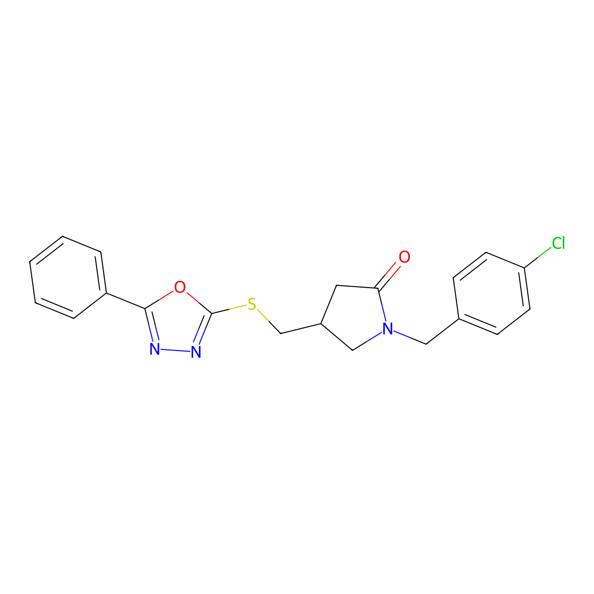 1-[(4-Chlorophenyl)methyl]-4-{[(5-phenyl-1,3,4-oxadiazol-2-yl)sulfanyl]methyl}pyrrolidin-2-one molecular structure, CAS 2741919-32-2