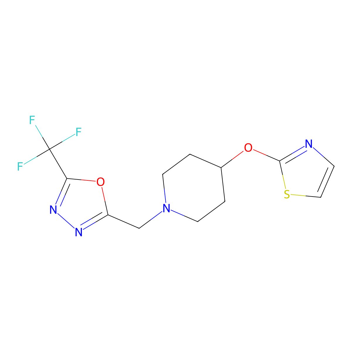 4-(1,3-Thiazol-2-yloxy)-1-{[5-(trifluoromethyl)-1,3,4-oxadiazol-2-yl]methyl}piperidine molecular structure, CAS 2741919-35-5