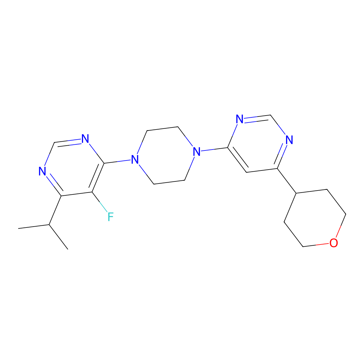 5-Fluoro-4-{4-[6-(oxan-4-yl)pyrimidin-4-yl]piperazin-1-yl}-6-(propan-2-yl)pyrimidine molecular structure, CAS 2741919-40-2
