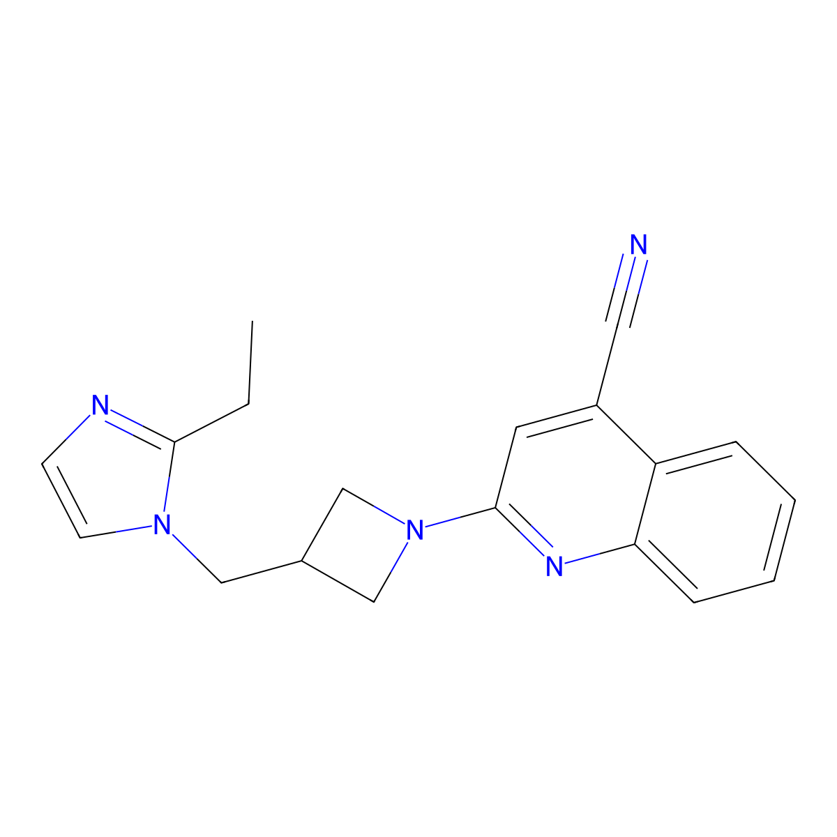 2-{3-[(2-ethyl-1H-imidazol-1-yl)methyl]azetidin-1-yl}quinoline-4-carbonitrile molecular structure, CAS 2741919-47-9