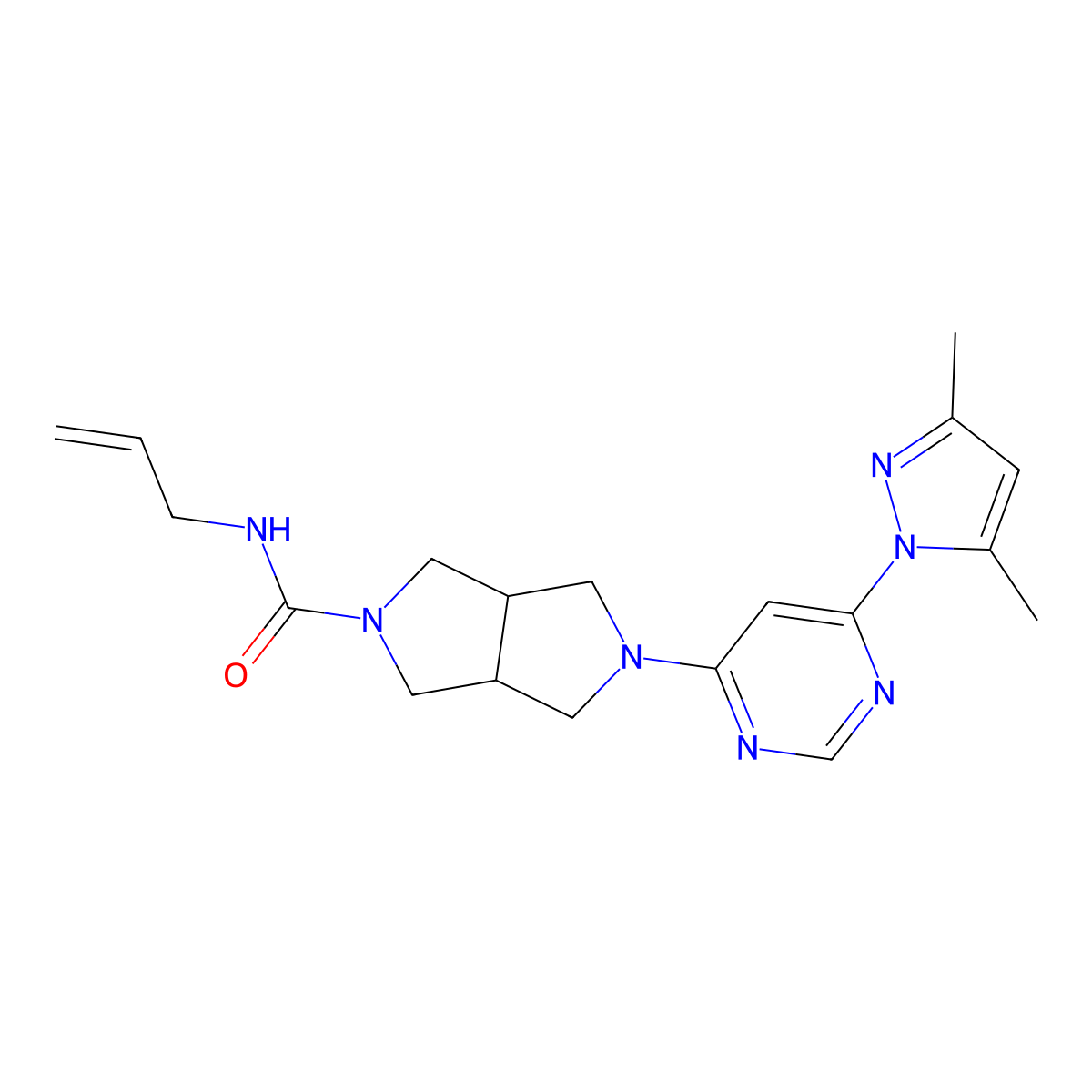 5-[6-(3,5-dimethyl-1H-pyrazol-1-yl)pyrimidin-4-yl]-N-(prop-2-en-1-yl)-octahydropyrrolo[3,4-c]pyrrole-2-carboxamide molecular structure, CAS 2741919-50-4