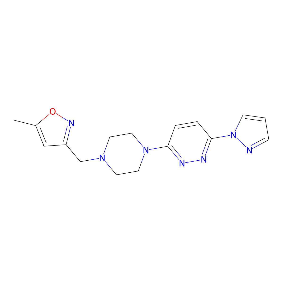 3-{4-[(5-methyl-1,2-oxazol-3-yl)methyl]piperazin-1-yl}-6-(1H-pyrazol-1-yl)pyridazine molecular structure, CAS 2741919-57-1