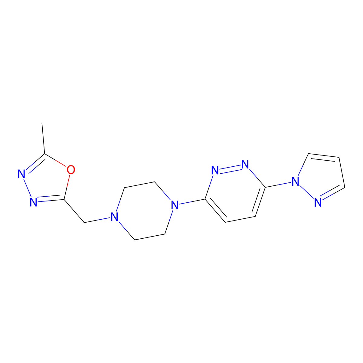 3-{4-[(5-methyl-1,3,4-oxadiazol-2-yl)methyl]piperazin-1-yl}-6-(1H-pyrazol-1-yl)pyridazine molecular structure, CAS 2741919-61-7