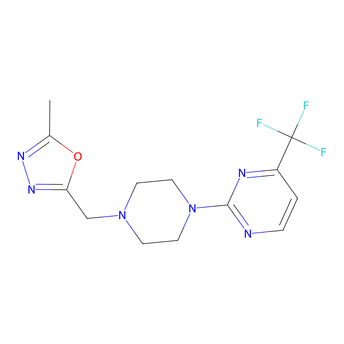 2-{4-[(5-Methyl-1,3,4-oxadiazol-2-yl)methyl]piperazin-1-yl}-4-(trifluoromethyl)pyrimidine molecular structure, CAS 2741919-62-8