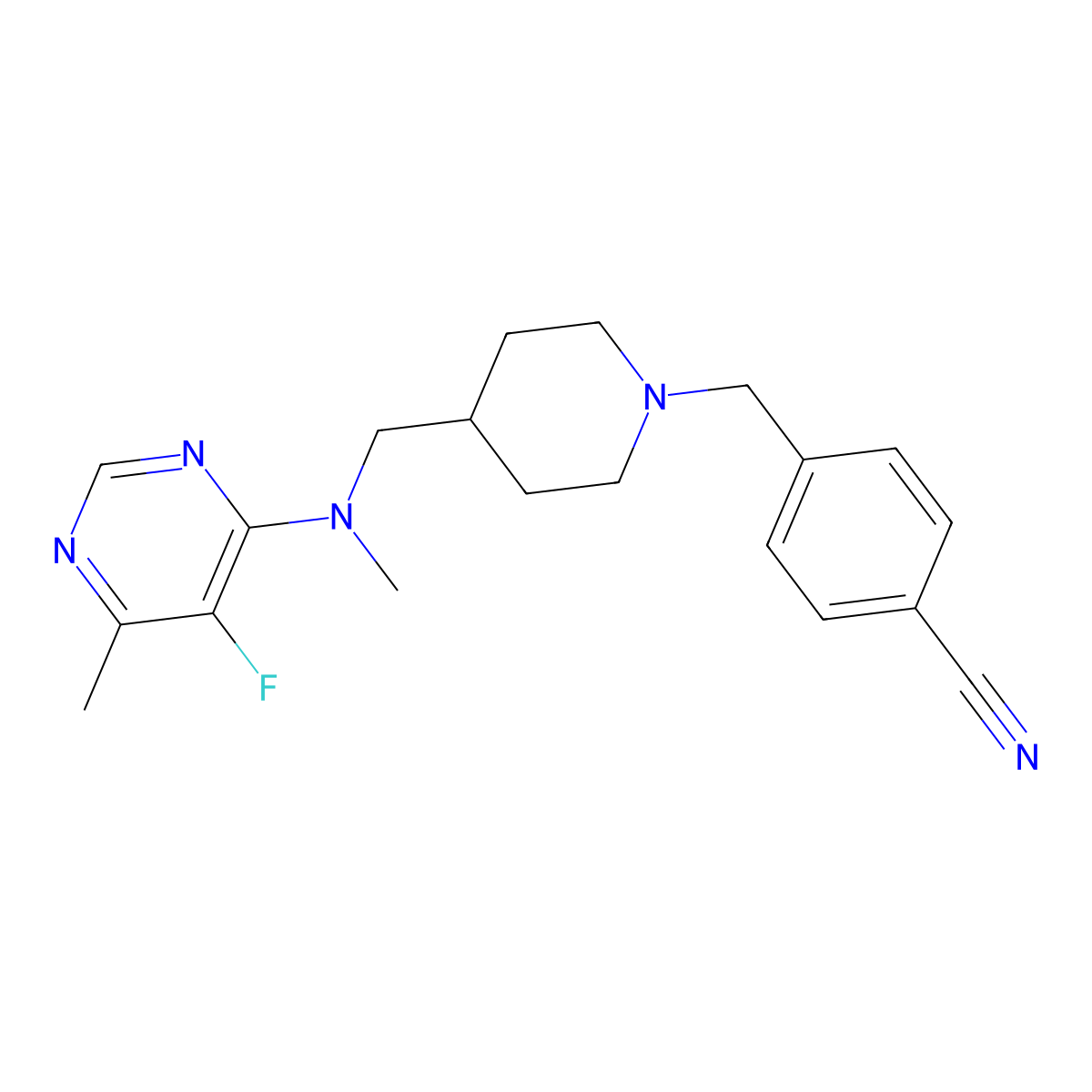 4-[(4-{[(5-Fluoro-6-methylpyrimidin-4-yl)(methyl)amino]methyl}piperidin-1-yl)methyl]benzonitrile molecular structure, CAS 2741919-81-1