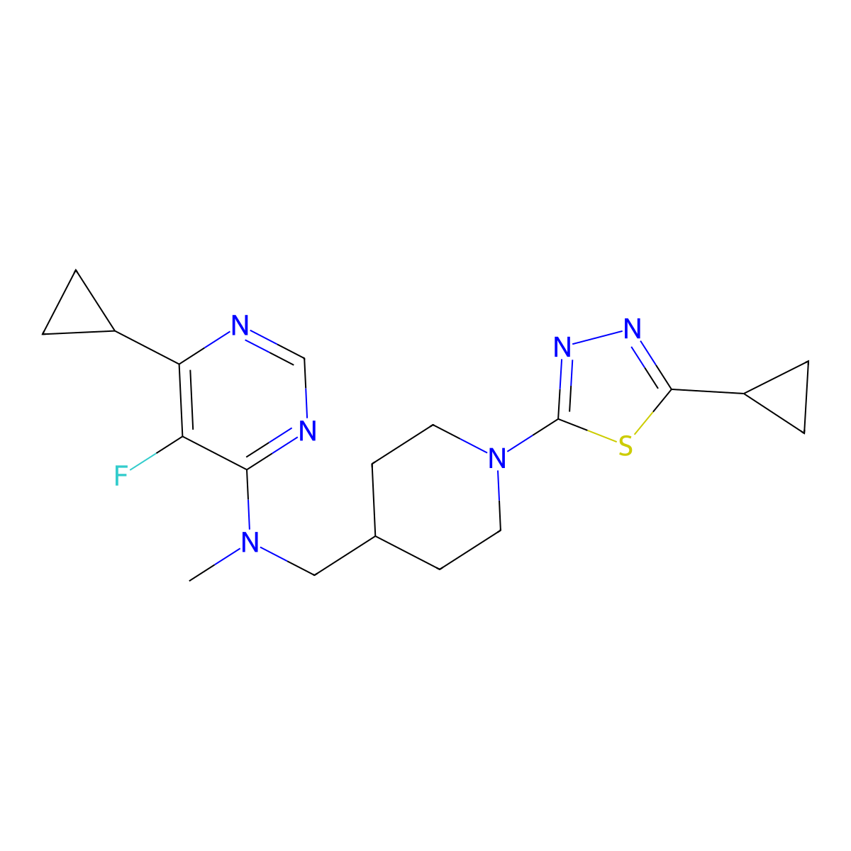 6-cyclopropyl-N-{[1-(5-cyclopropyl-1,3,4-thiadiazol-2-yl)piperidin-4-yl]methyl}-5-fluoro-N-methylpyrimidin-4-amine molecular structure, CAS 2741919-95-7