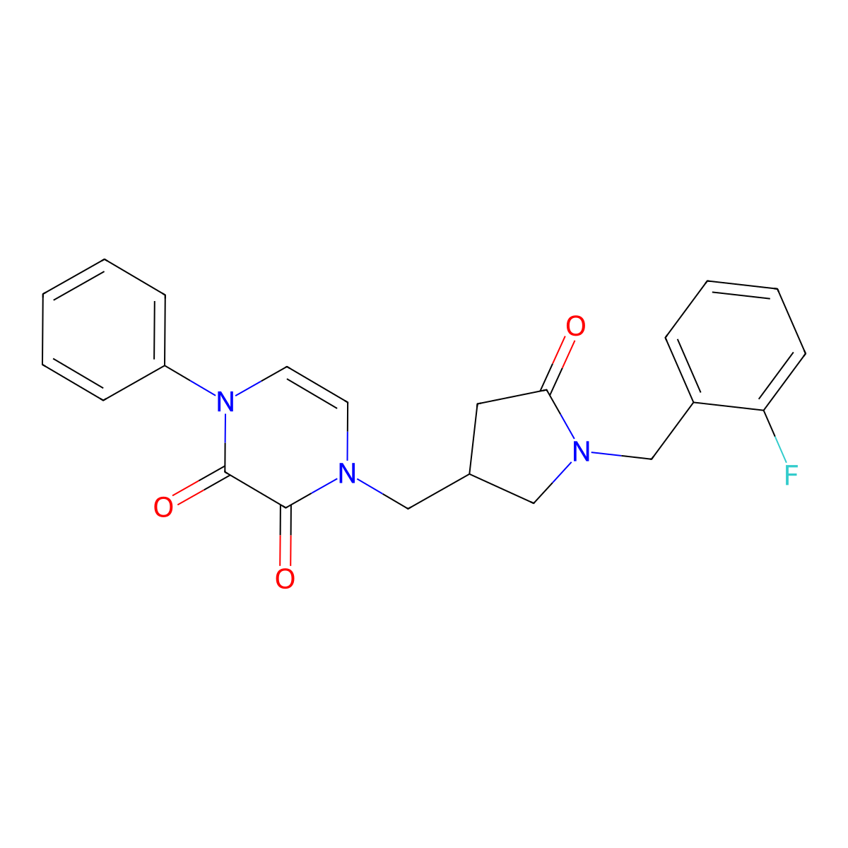 1-({1-[(2-Fluorophenyl)methyl]-5-oxopyrrolidin-3-yl}methyl)-4-phenyl-1,2,3,4-tetrahydropyrazine-2,3-dione molecular structure, CAS 2741919-97-9