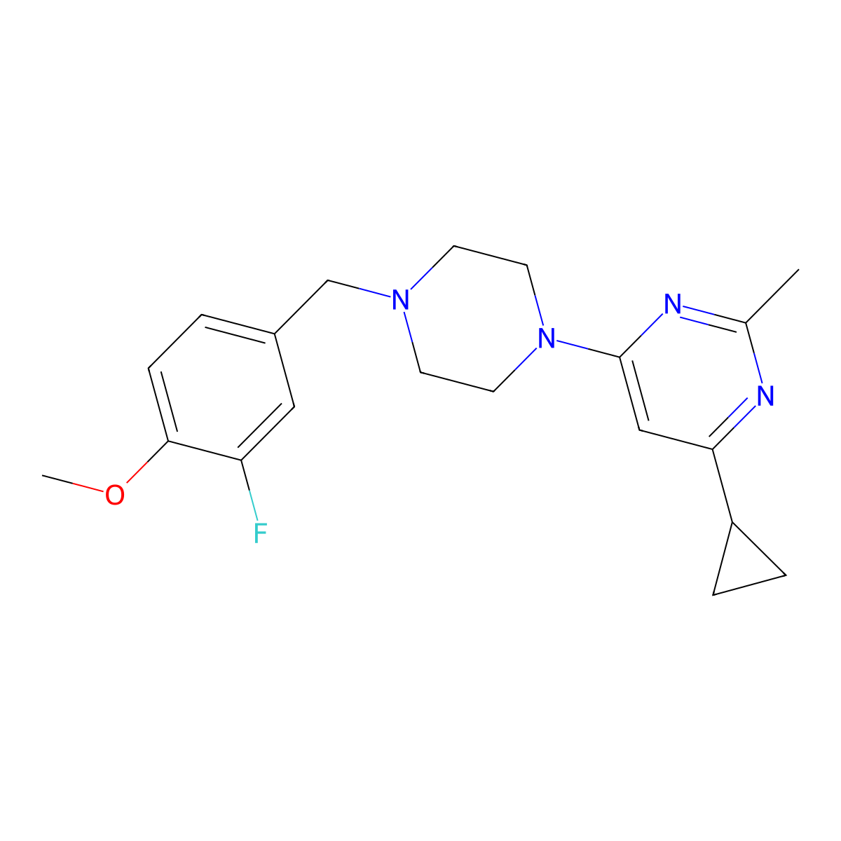 4-Cyclopropyl-6-{4-[(3-fluoro-4-methoxyphenyl)methyl]piperazin-1-yl}-2-methylpyrimidine molecular structure, CAS 2741920-05-6