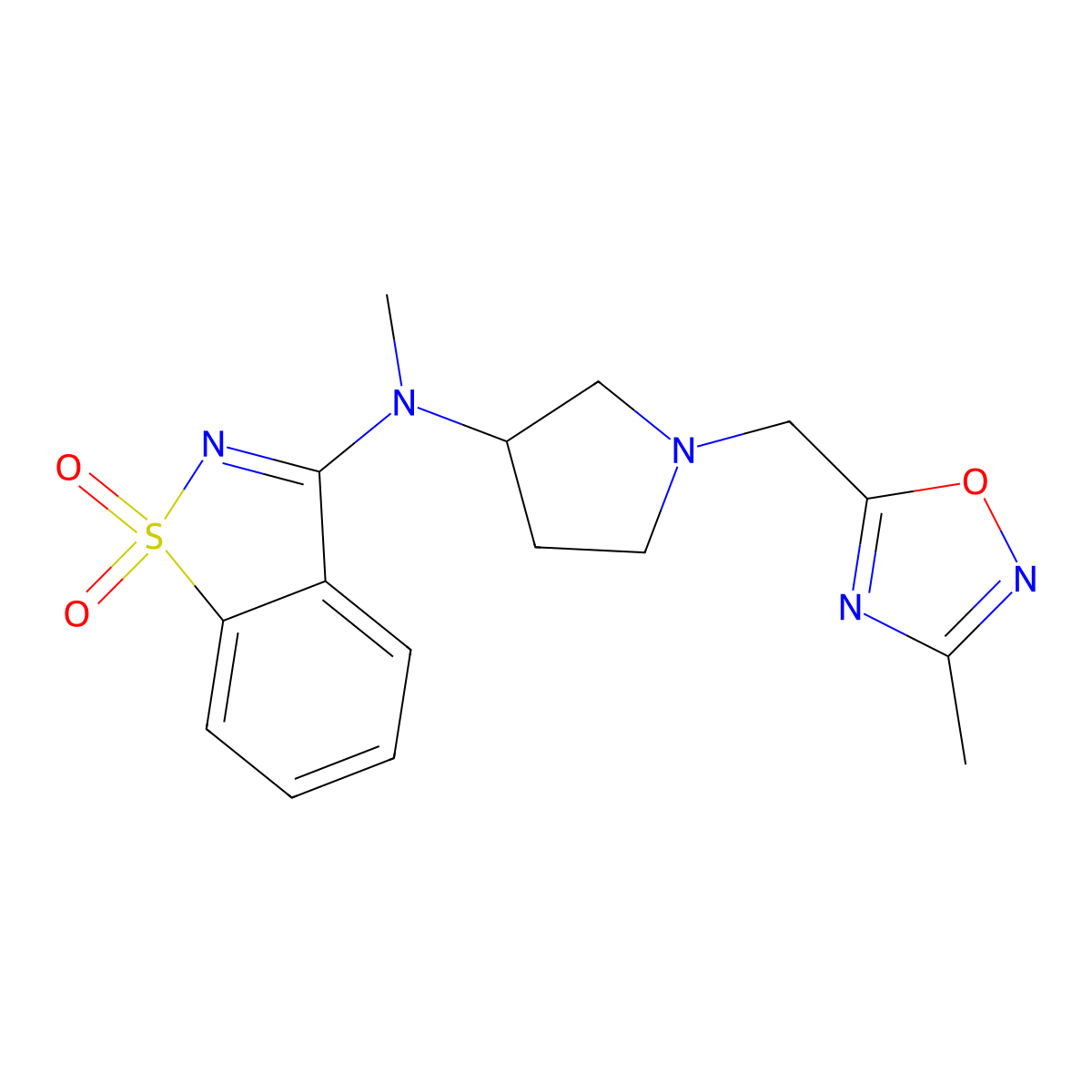 N-methyl-N-[1-[(3-methyl-1,2,4-oxadiazol-5-yl)methyl]pyrrolidin-3-yl]-1,1-dioxo-1,2-benzothiazol-3-amine molecular structure, CAS 2741920-06-7