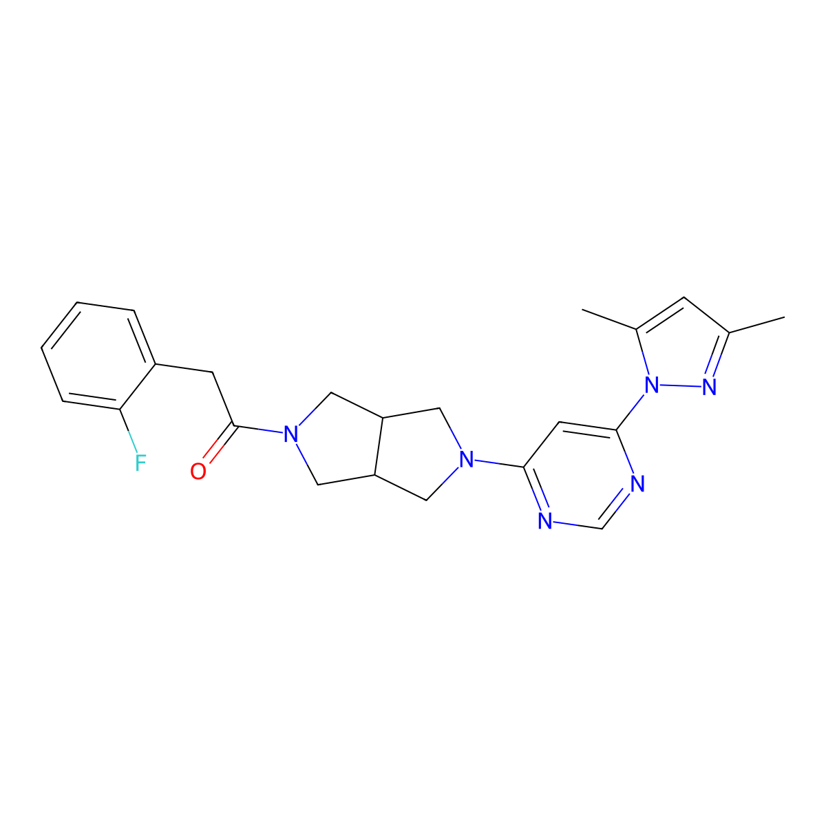1-{5-[6-(3,5-dimethyl-1H-pyrazol-1-yl)pyrimidin-4-yl]-octahydropyrrolo[3,4-c]pyrrol-2-yl}-2-(2-fluorophenyl)ethan-1-one molecular structure, CAS 2741920-27-2
