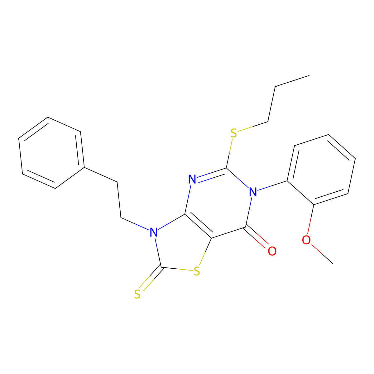 6-(2-methoxyphenyl)-3-(2-phenylethyl)-5-(propylsulfanyl)-2-sulfanylidene-2H,3H,6H,7H-[1,3]thiazolo[4,5-d]pyrimidin-7-one molecular structure, CAS 2741920-28-3