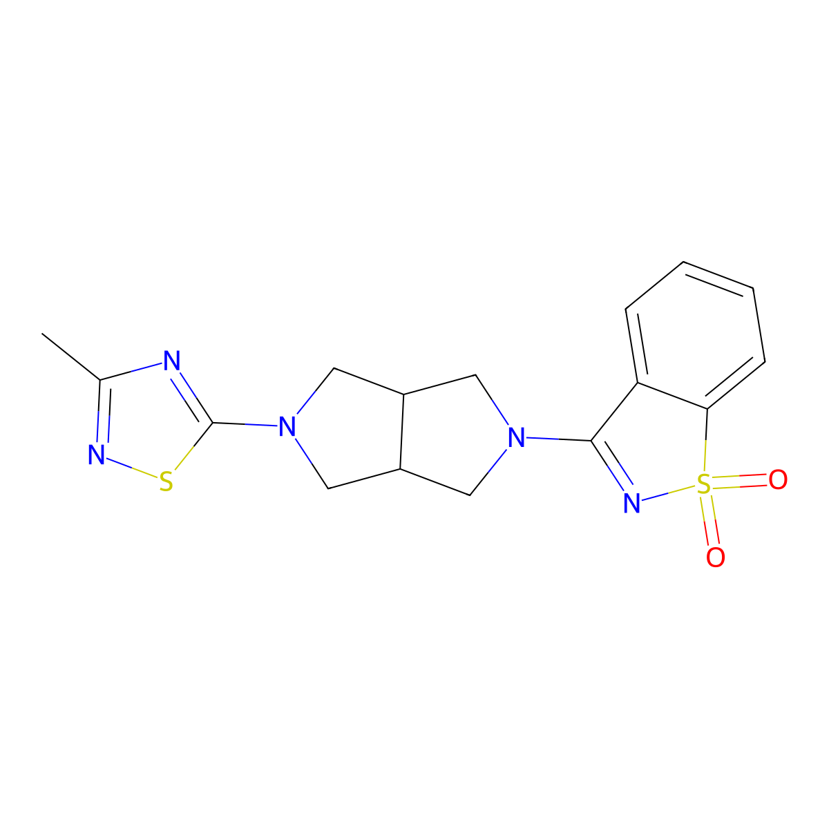 3-[5-(3-Methyl-1,2,4-thiadiazol-5-yl)-1,3,3a,4,6,6a-hexahydropyrrolo[3,4-c]pyrrol-2-yl]-1,2-benzothiazole 1,1-dioxide molecular structure, CAS 2741920-31-8