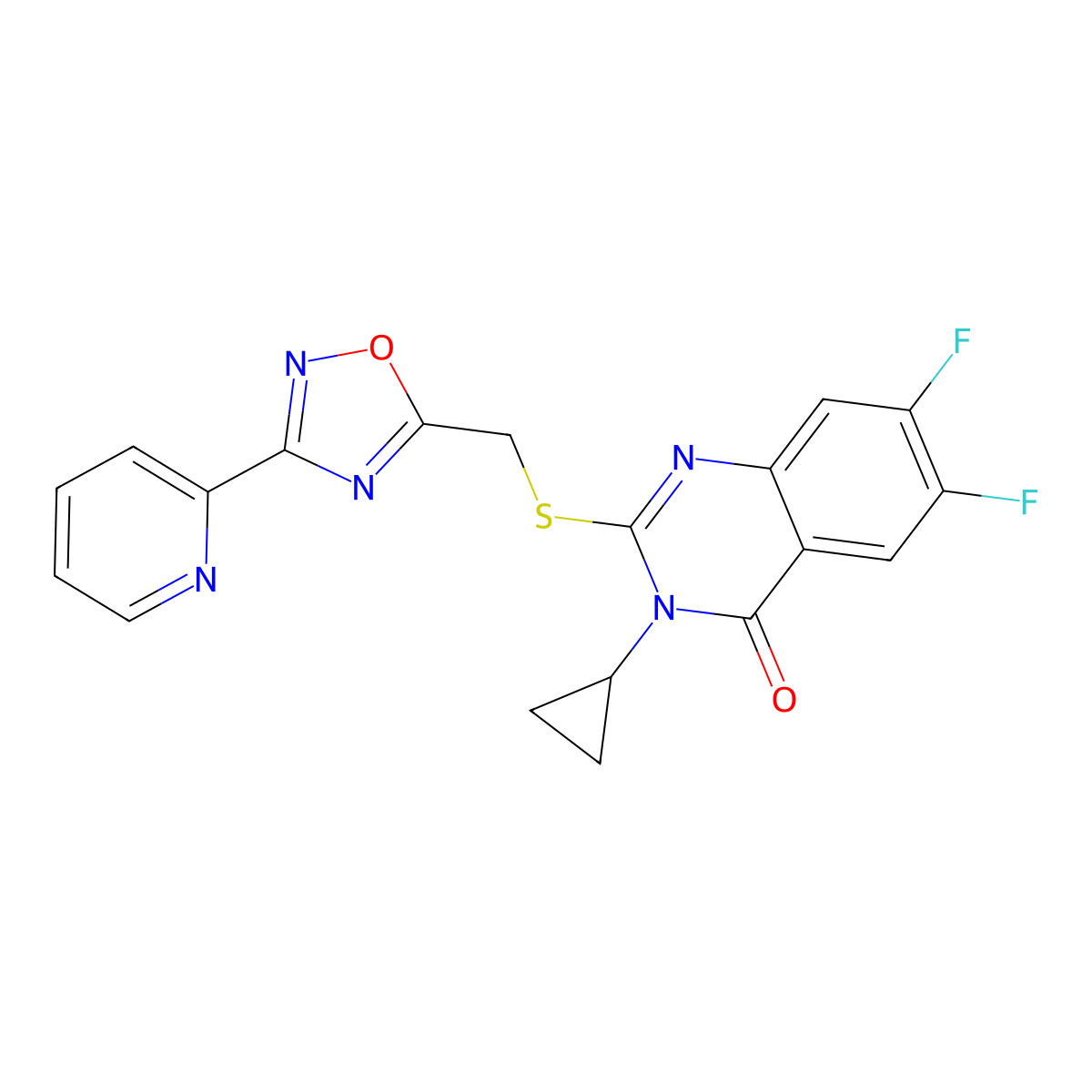 3-Cyclopropyl-6,7-difluoro-2-({[3-(pyridin-2-yl)-1,2,4-oxadiazol-5-yl]methyl}sulfanyl)-3,4-dihydroquinazolin-4-one molecular structure, CAS 2741920-35-2