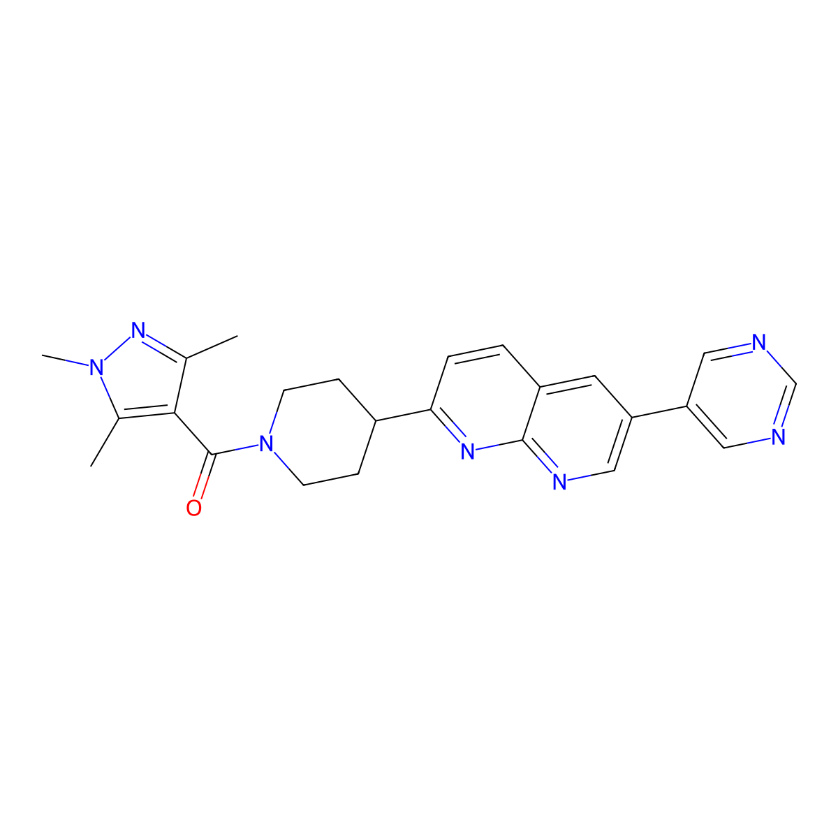 6-(pyrimidin-5-yl)-2-[1-(1,3,5-trimethyl-1H-pyrazole-4-carbonyl)piperidin-4-yl]-1,8-naphthyridine molecular structure, CAS 2741920-37-4