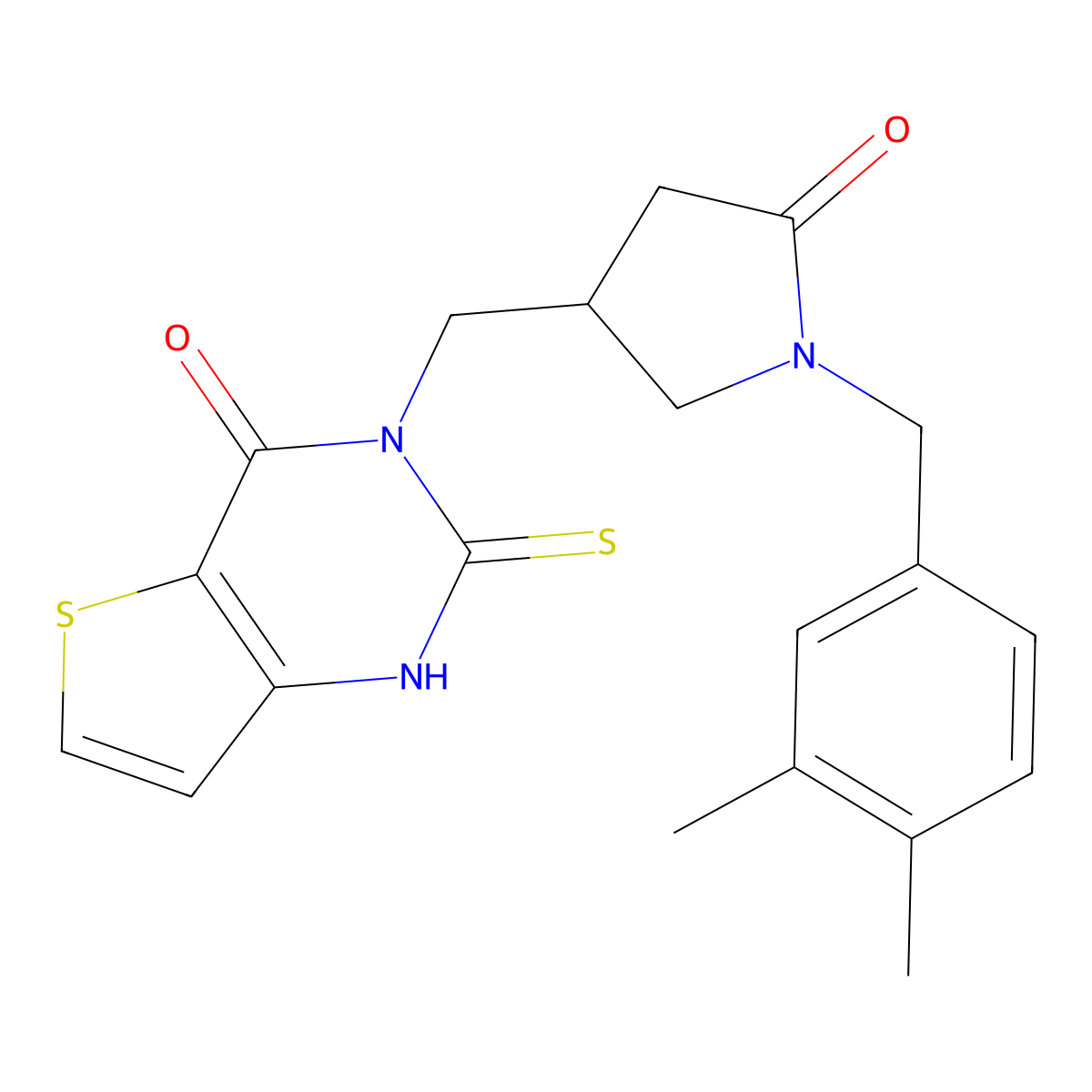 1-[(3,4-dimethylphenyl)methyl]-4-({4-oxo-2-sulfanylidene-1H,2H,3H,4H-thieno[3,2-d]pyrimidin-3-yl}methyl)pyrrolidin-2-one molecular structure, CAS 2741920-38-5