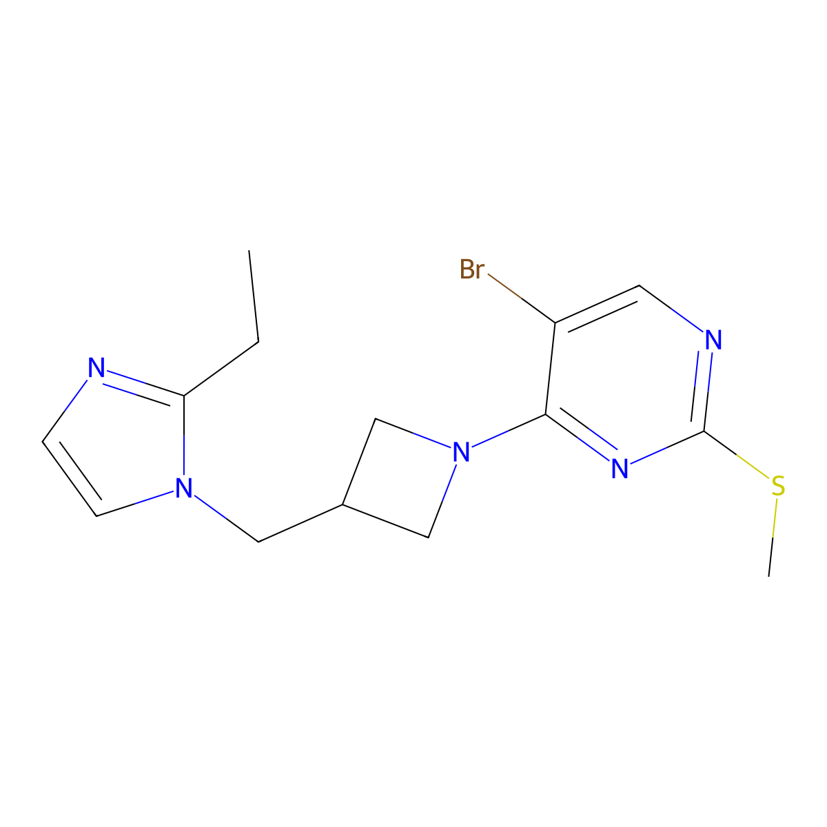 5-bromo-4-{3-[(2-ethyl-1H-imidazol-1-yl)methyl]azetidin-1-yl}-2-(methylsulfanyl)pyrimidine molecular structure, CAS 2741920-45-4