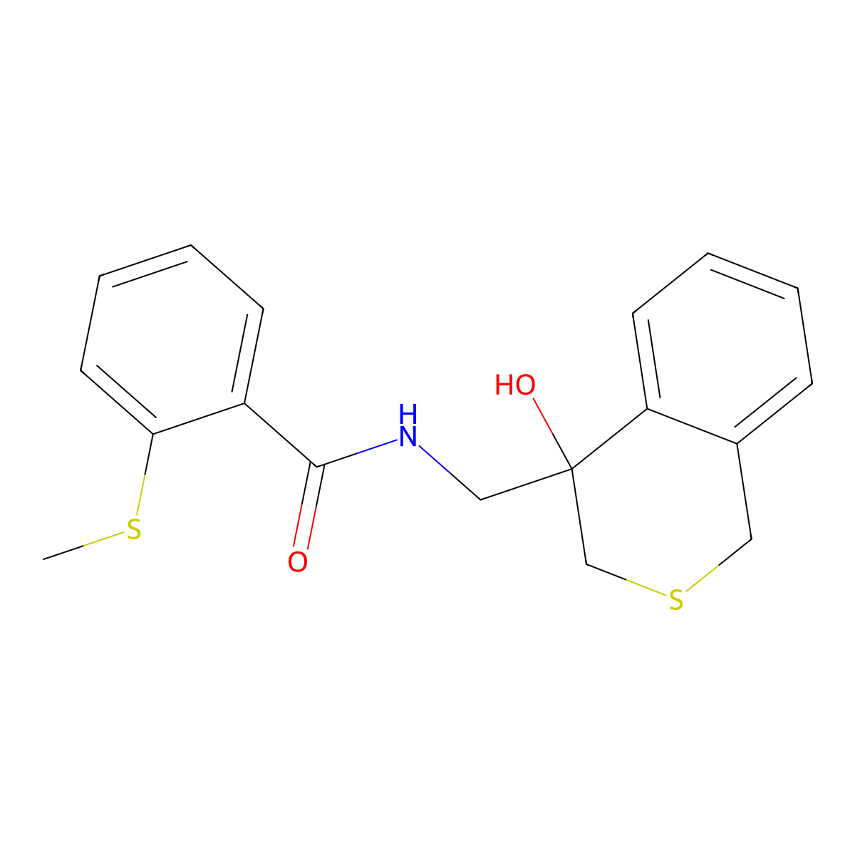 N-[(4-hydroxy-3,4-dihydro-1H-2-benzothiopyran-4-yl)methyl]-2-(methylsulfanyl)benzamide molecular structure, CAS 2741920-47-6