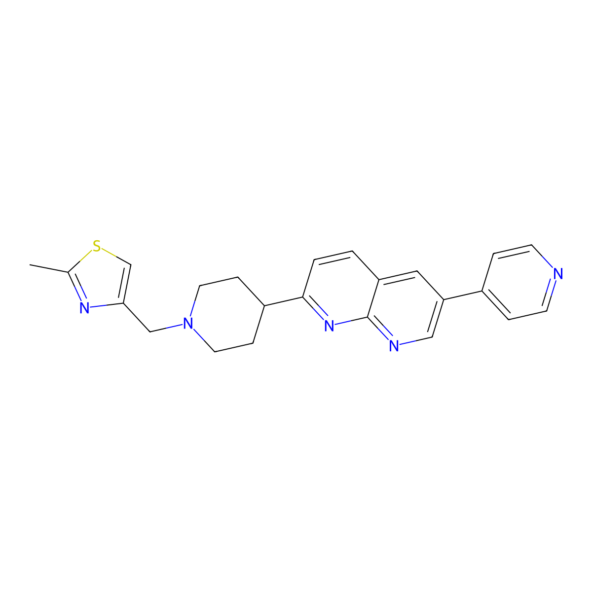 2-{1-[(2-Methyl-1,3-thiazol-4-yl)methyl]piperidin-4-yl}-6-(pyridin-4-yl)-1,8-naphthyridine molecular structure, CAS 2741920-48-7