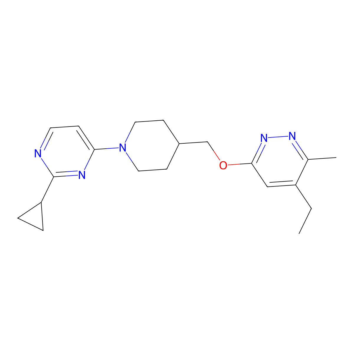 2-Cyclopropyl-4-(4-{[(5-ethyl-6-methylpyridazin-3-yl)oxy]methyl}piperidin-1-yl)pyrimidine molecular structure, CAS 2741920-49-8