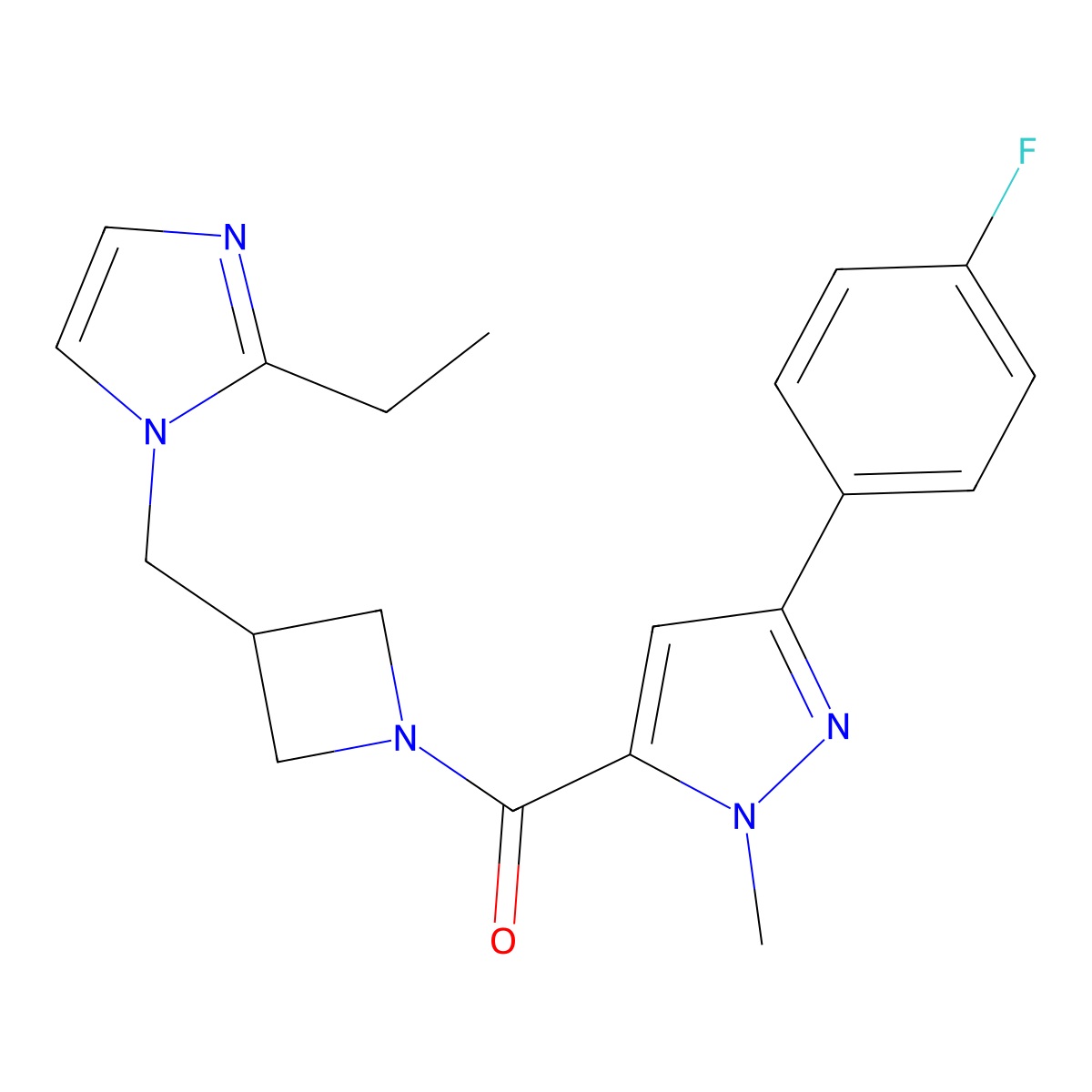5-{3-[(2-ethyl-1H-imidazol-1-yl)methyl]azetidine-1-carbonyl}-3-(4-fluorophenyl)-1-methyl-1H-pyrazole molecular structure, CAS 2741920-52-3